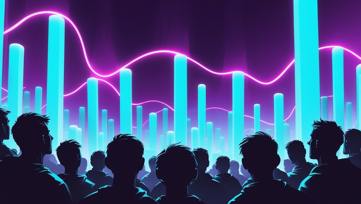 A wave of anxious anticipation—silhouetted figures face glowing vertical data pillars as electric curves pulse across the night sky, symbolizing rising Switch2 lottery odds.