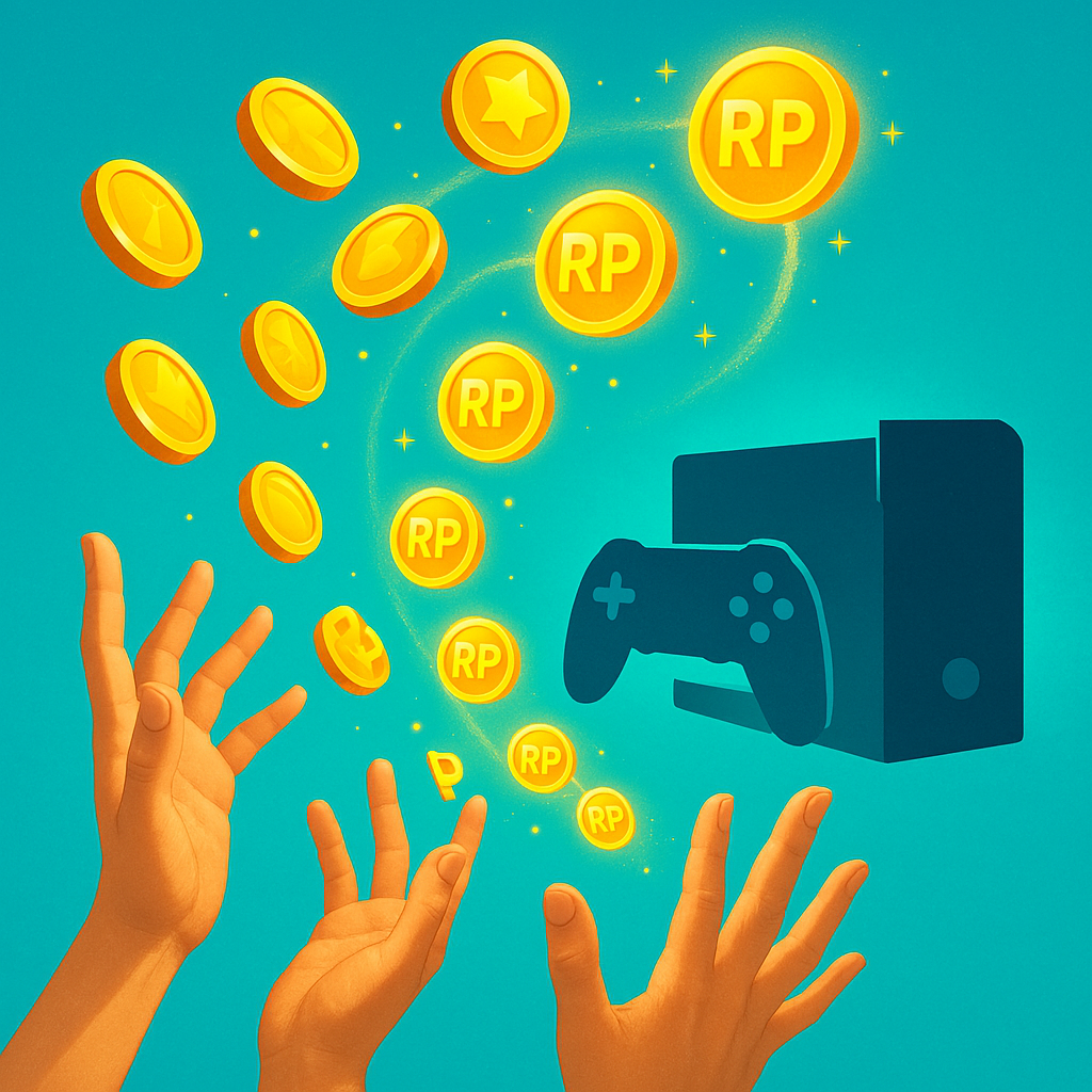 Joyful hands reaching toward swirling reward points and a glowing game console—capturing the thrill of turning loyalty into dreams.”