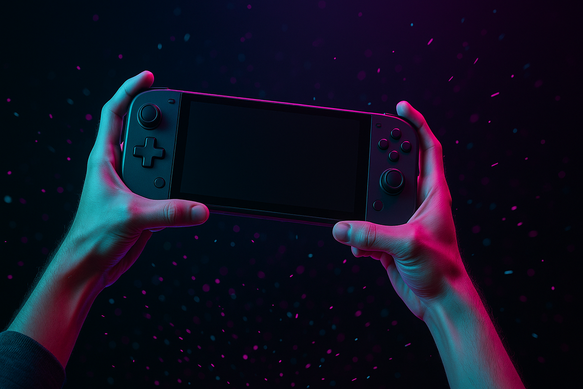 Hands triumphantly holding a next-gen handheld gaming console in vibrant neon glow, symbolizing excitement, anticipation, and the thrill of victory
