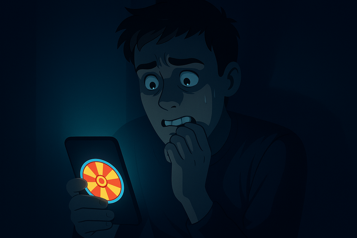 Anxious young man staring at his phone’s lottery wheel, biting his nails as tension builds—hope and dread hanging in a single spin.