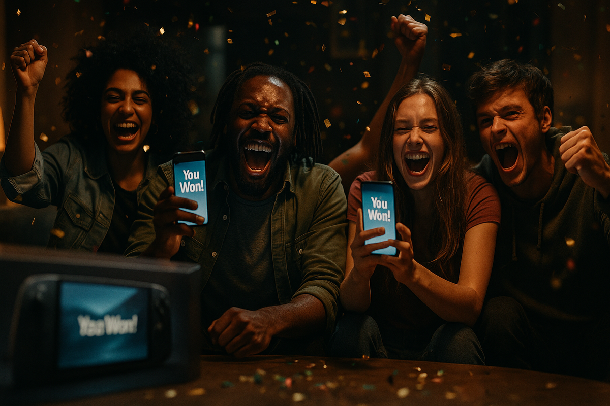 Explosive joy captured in a winning moment — a group of friends erupt with euphoria after hitting the jackpot on their phones. Pure excitement, shared triumph, and the thrill of victory.”