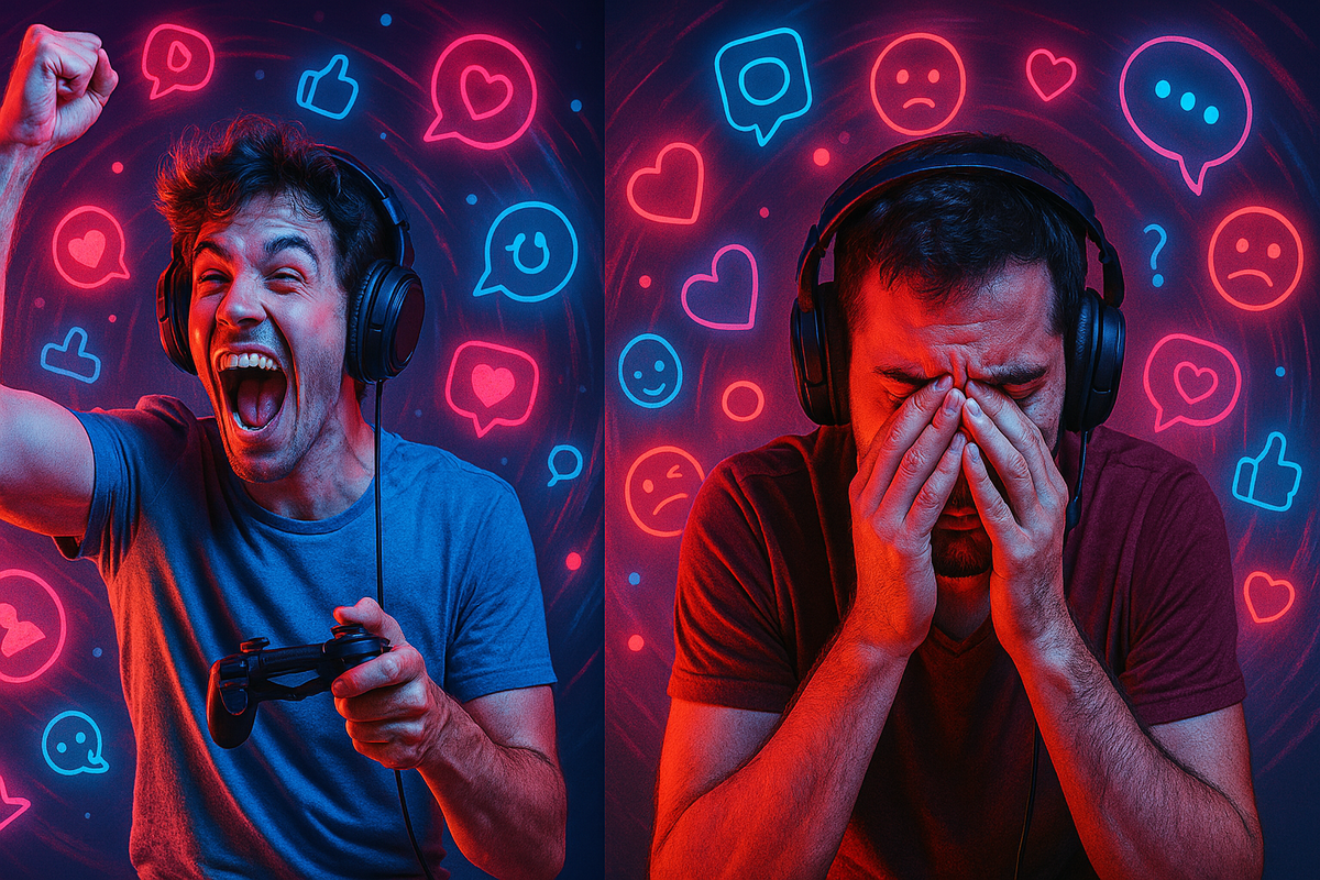 Raw emotional highs and lows of a gamer’s journey — from the ecstatic thrill of victory to the crushing weight of defeat, surrounded by glowing social icons reflecting his inner storm.