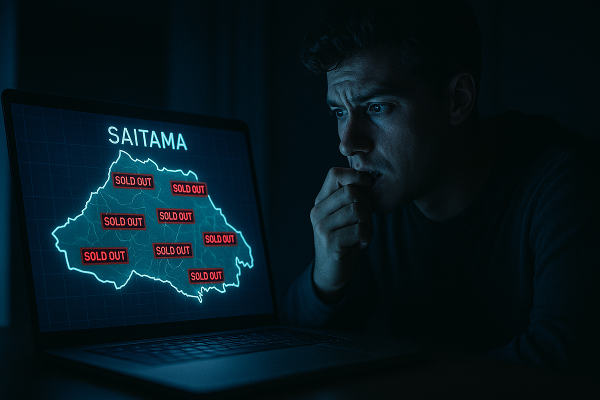 Anxious gamer stares at glowing Saitama map filled with red 'SOLD OUT' alerts—digital despair, rising urgency, and the crushing weight of missed chances hang in the air