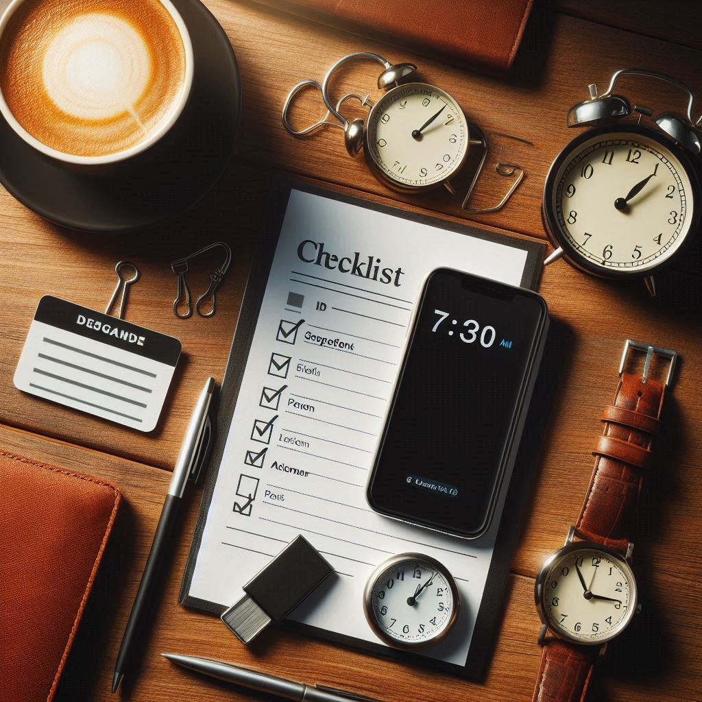 A morning checklist surrounded by vintage clocks and a smartphone showing 7:30 AM — capturing the quiet intensity of preparation and the hopeful tension before the hunt begins.