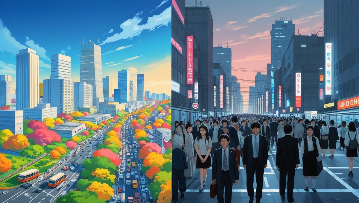 A colorful autumn skyline of suburban Saitama transitions into the crowded, sunset-shrouded streets of central Tokyo. The hopeful glow of discovery meets the anxious rush of the unknown—a vivid contrast of peace and pressure.