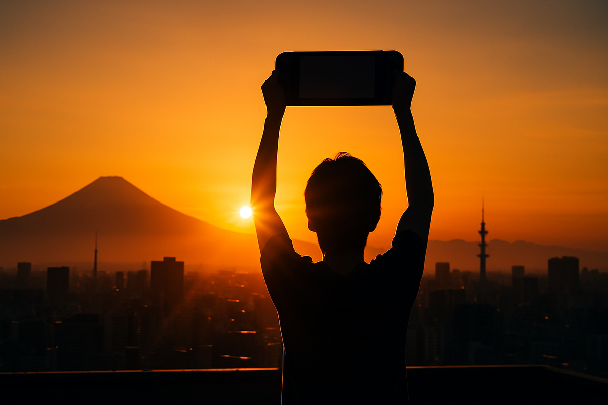 Exhilarating sunrise over Shizuoka & Mt Fuji as a triumphant gamer lifts a new Switch2 console—radiant hope & victory