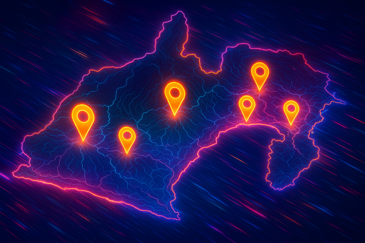 A vivid glowing map of Shizuoka marked with blazing location pins—urgency, thrill, and the joy of discovery collide