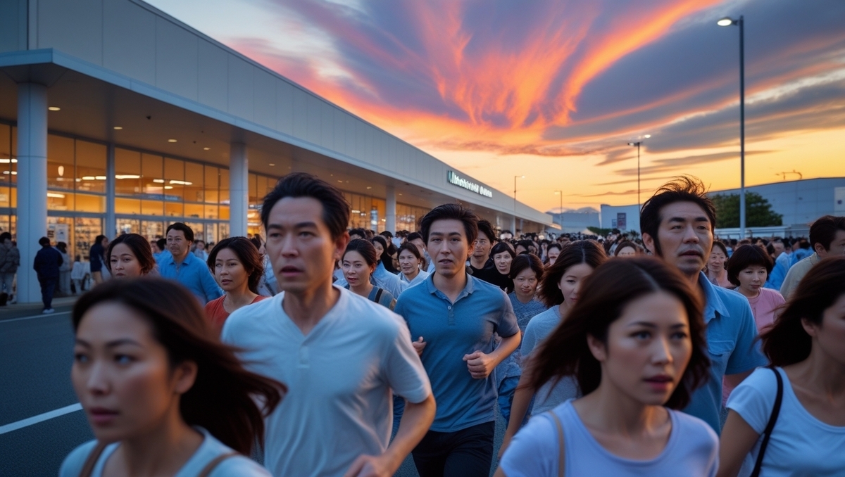 A tense crowd of determined shoppers rushes toward a glowing electronics store at sunset—urgency, hope, and desire in motion