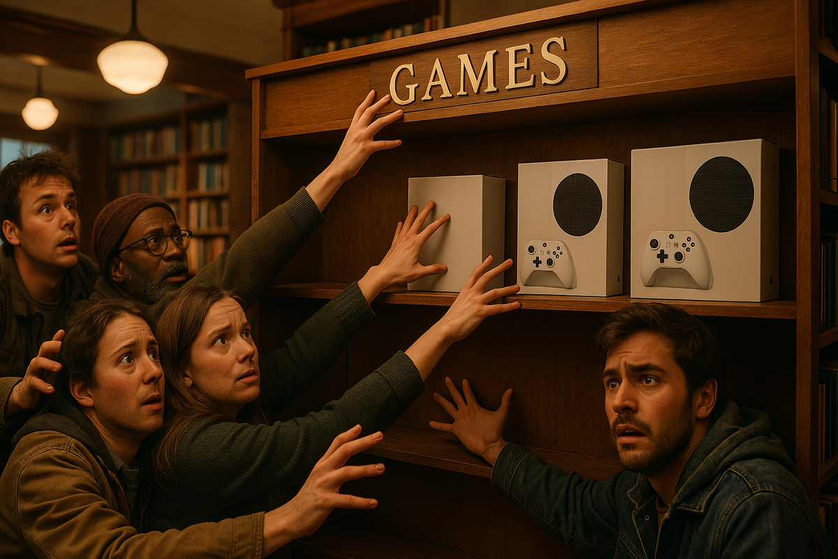 A group of desperate gamers reach out toward the last game consoles on a store shelf—intense desire, urgency, and disbelief