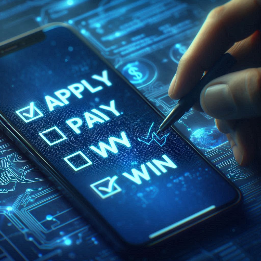 Excited finger ticking off 'Apply, Pay, Win' on glowing digital checklist — a moment of hope and anticipatio