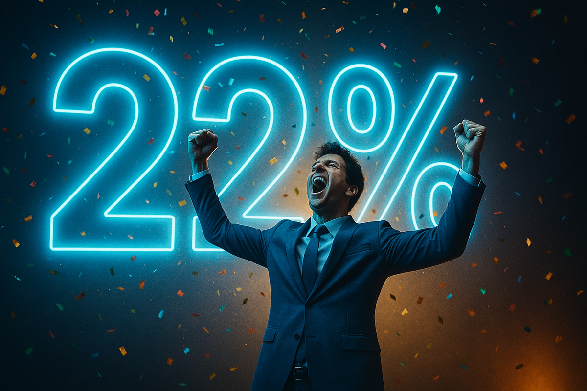 Ecstatic man in a suit thrusts his fists skyward beneath a glowing neon '22 %' while confetti rains down, radiating triumphant, adrenaline-charged victory