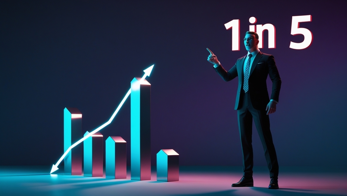 your_image_url" alt="Businessman celebrating with raised hands in front of glowing '1 in 5' text and rising graph bars, expressing thrilling surprise and achievement