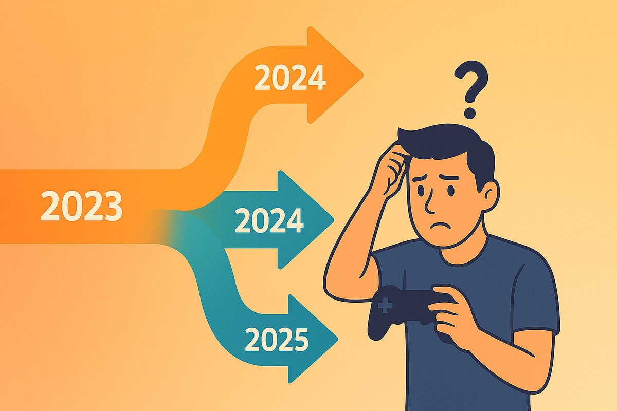 Confused gamer scratching his head, staring at diverging arrows labeled 2024 and 2025—capturing a moment of emotional hesitation, uncertainty, and decision-making anxiety