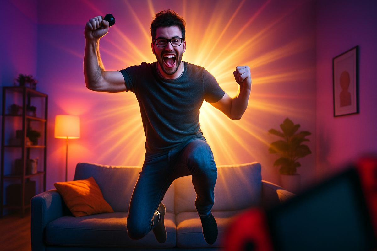 Ecstatic gamer leaping in neon living room, fists raised in radiant triumph after nabbing a long-awaited Switch2 at Yamada Denki.