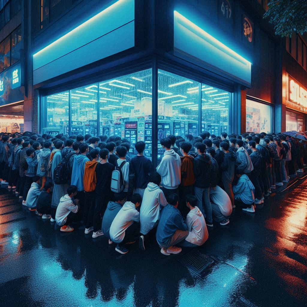 Rain-soaked crowd huddles in breathless anticipation outside a neon-lit electronics store, faces glowing with hopeful excitement as the first Switch2 units beckon behind glass."