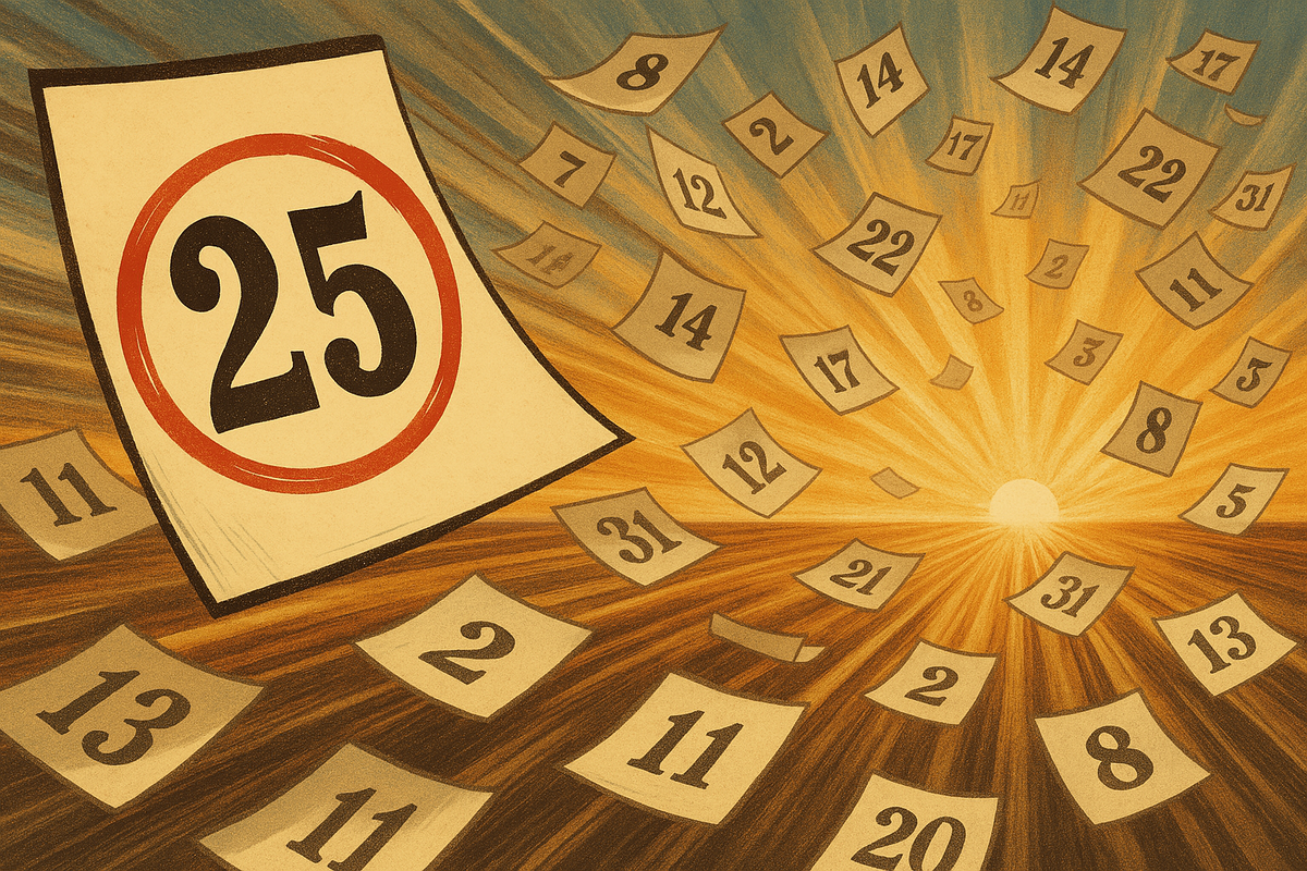 Dynamic whirlwind of retro calendar pages spiralling toward a golden sunrise, bold number 25 blazing in red to mark the decisive day Switch2 hopes become reality—sparking eager anticipation and unstoppable momentum.