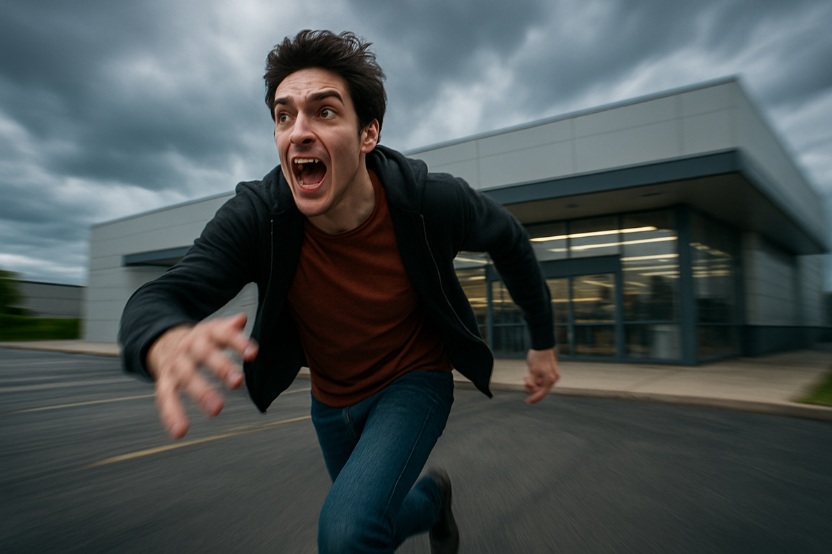 A young man dashing toward a store with raw determination and urgency, his face filled with intense emotion and hopeful desperation under a stormy sky — a moment of tension, anticipation, and desire.
