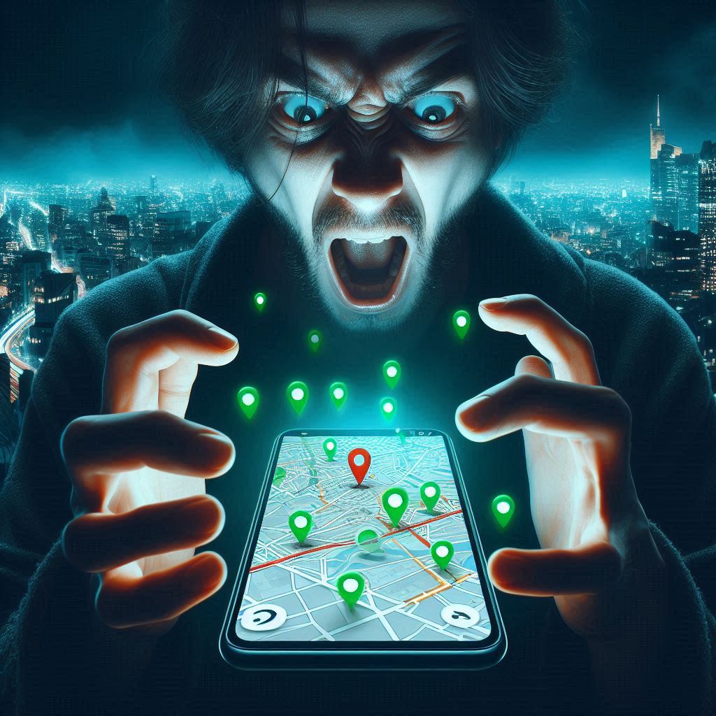 A man staring in shock and fierce determination at his glowing smartphone map, eyes wide with tension and hope, surrounded by location pins — a powerful moment of discovery and digital urgency.