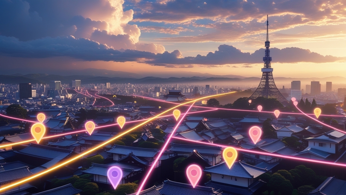A breathtaking sunset over Kyoto, illuminated with glowing digital map pins, symbolizing the rush of discovery and the quiet thrill of chasing hidden opportunities in a timeless cityscape.