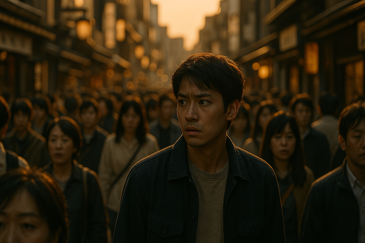 A young man caught in a sea of indifferent faces, his eyes filled with silent urgency and quiet fear, standing alone in a crowded Kyoto street at sunset — the search for something that matters begins
