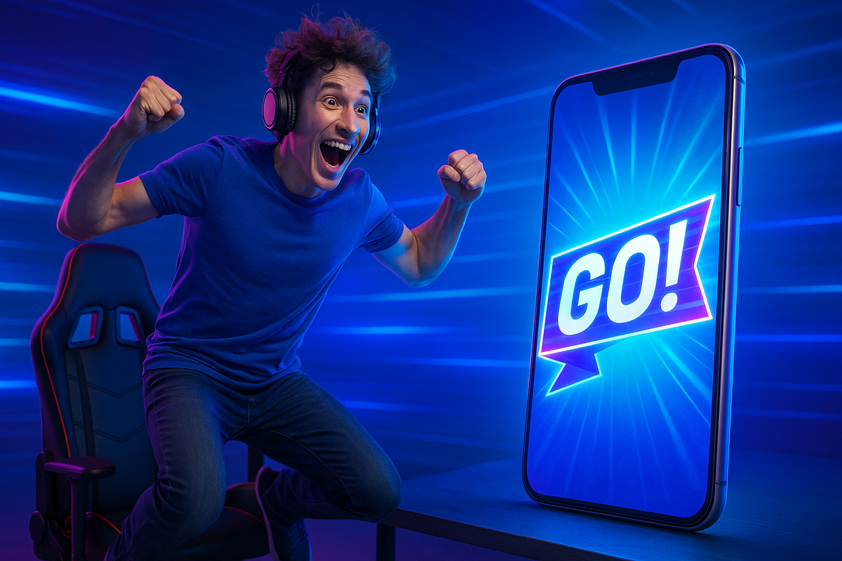 Overjoyed gamer leaping with excitement as a glowing phone screen flashes 'GO!' — capturing the electric thrill of anticipation and the rush of a long-awaited moment finally arriving.
