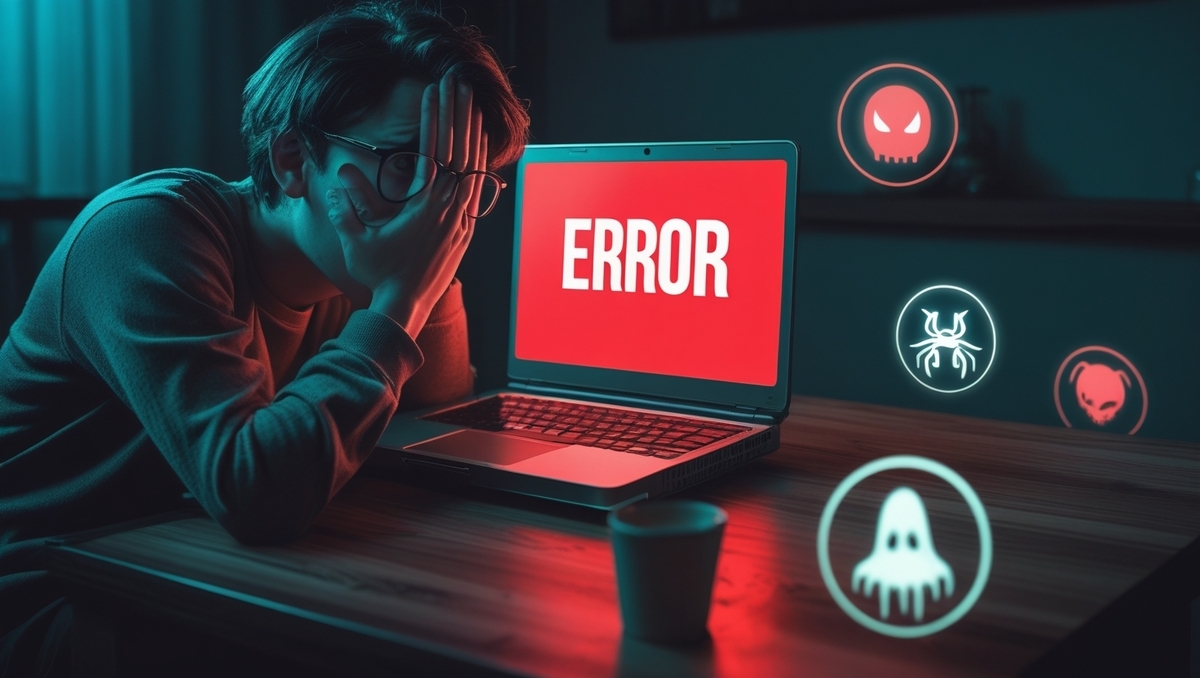 Panicked user burying their face in frustration as a red screen screams 'ERROR'—a haunting visual of missed chances and gut-wrenching regret.