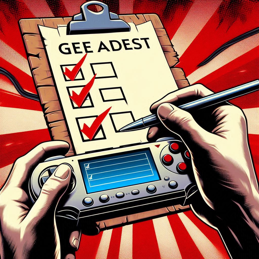 Retro handheld glowing with completed tasks; confident hand marks a victory tick, capturing the joyful rush of progress.