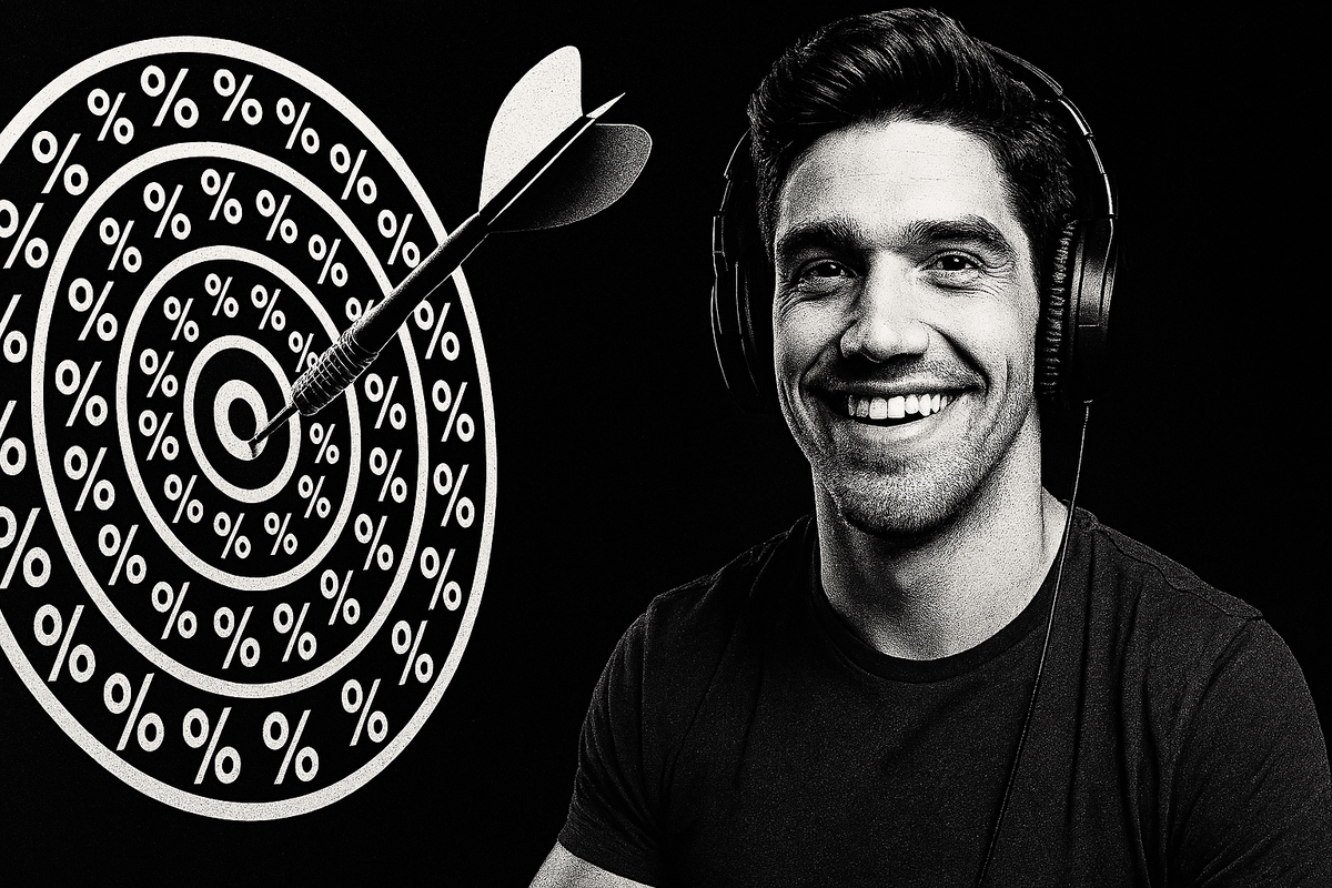 Confident gamer smiling as a dart strikes dead center on a bullseye full of percent signs—capturing the thrill of hitting the odds just right.