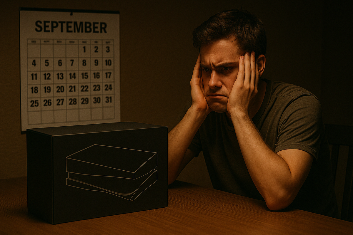 A visibly frustrated man staring at a sealed game console box with a September calendar behind him, expressing deep disappointment and helpless anticipation under dim lighting