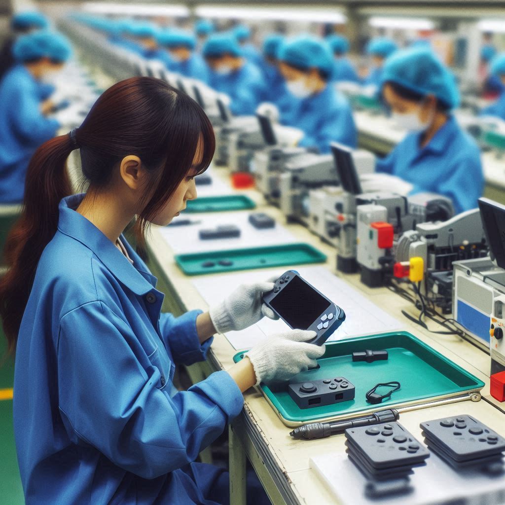 A focused female factory worker in a blue uniform carefully assembling a handheld gaming console, evoking a sense of dedication, precision, and the silent pressure of mass production lines.