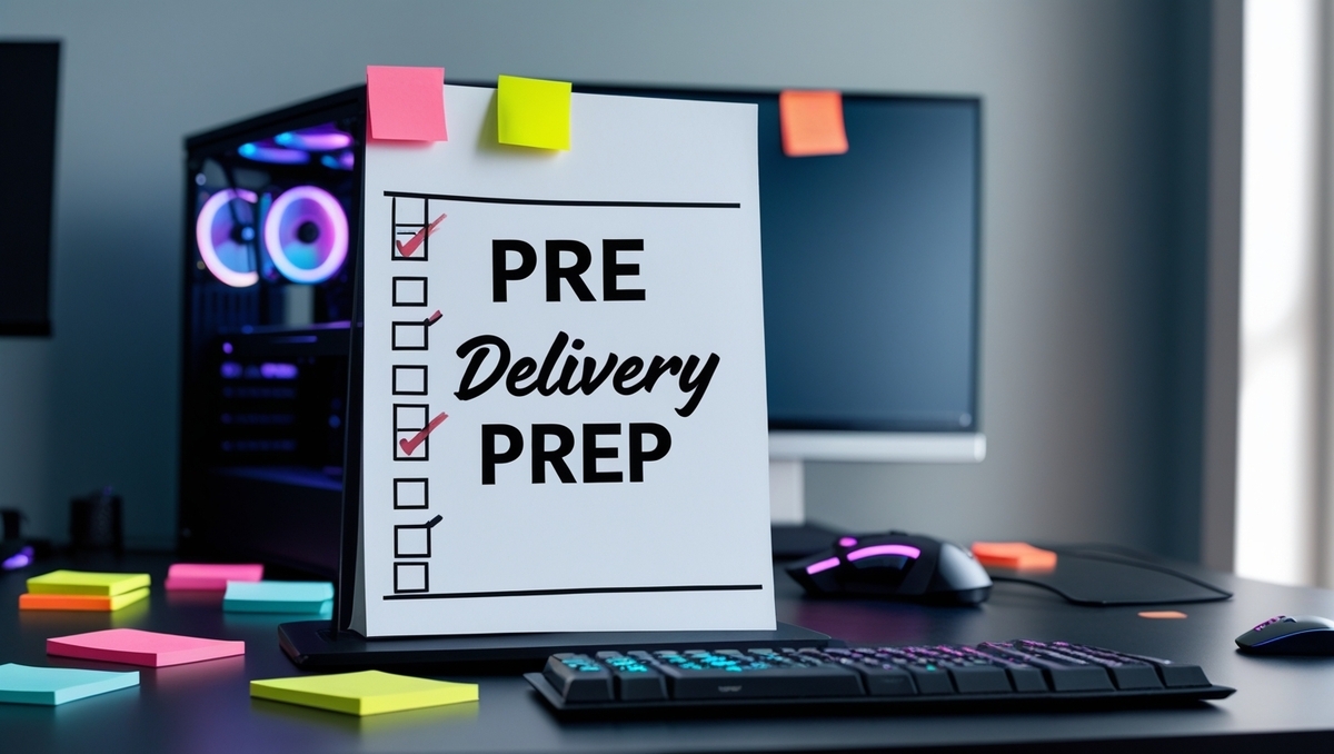A vibrant and hopeful gaming workspace with a checklist marked "PRE-DELIVERY PREP", capturing the excitement and tension of waiting for something long-awaited