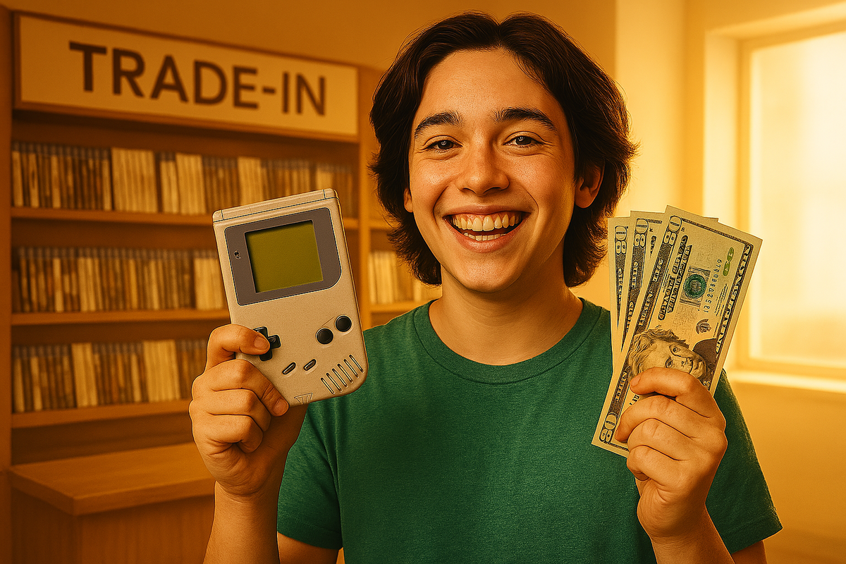 A joyful young person celebrating a successful game console trade-in, holding cash with a bright, fulfilled smile in a cozy store setting — capturing the emotional high of turning nostalgia into value.