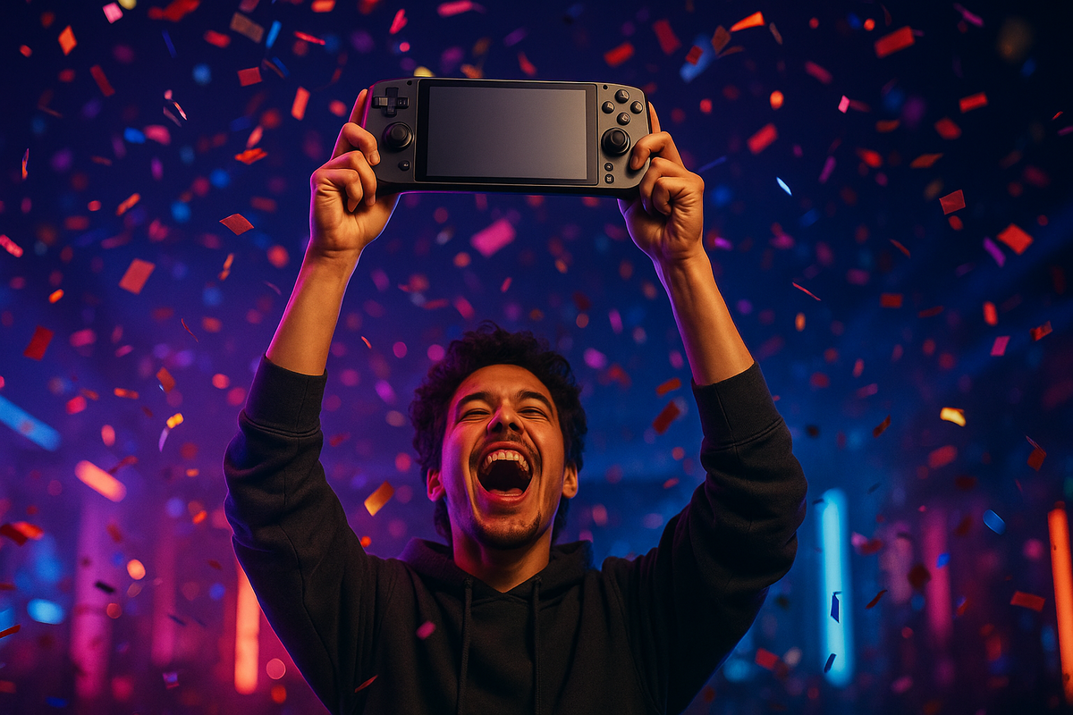 Overjoyed young gamer celebrates winning a next-gen console lottery, raising the handheld device in triumph as vibrant confetti rains down—capturing pure excitement and victory.”