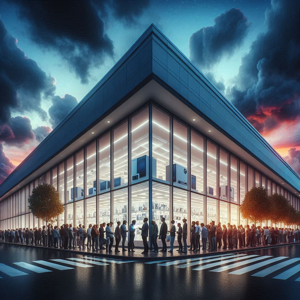 Hundreds of anxious shoppers wait in a never-ending line outside a glowing electronics store at dawn—capturing a shared sense of anticipation, scarcity, and the emotional weight of desire.