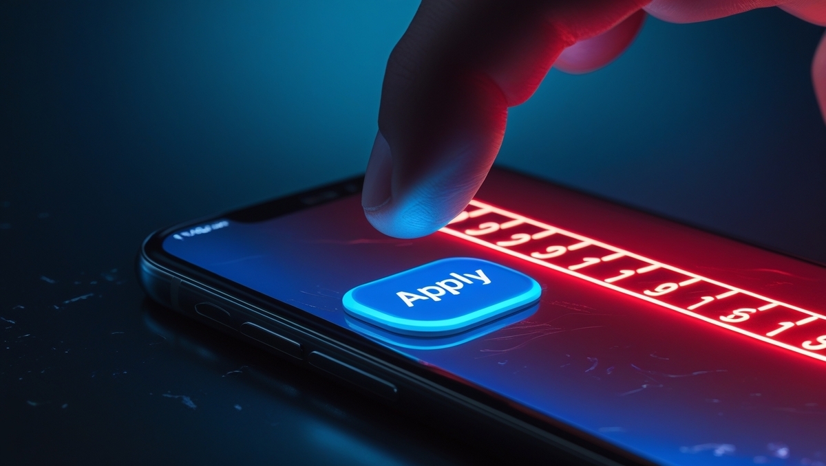 A tense finger hovers over the glowing ‘Apply’ button on a smartphone, as a red countdown timer races forward—capturing urgency, anticipation, and the emotional pressure of limited-time opportunities.