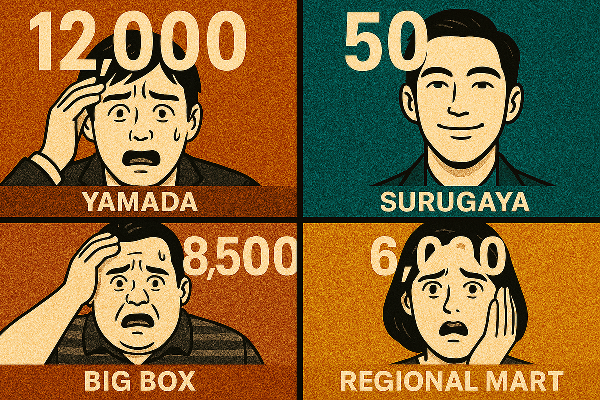 Side-by-side illustration comparing lottery odds for gaming consoles: anxious, overwhelmed faces under big numbers for major retailers, contrasted with a calm, smiling Surugaya applicant—highlighting tension, contrast, and unexpected hope.