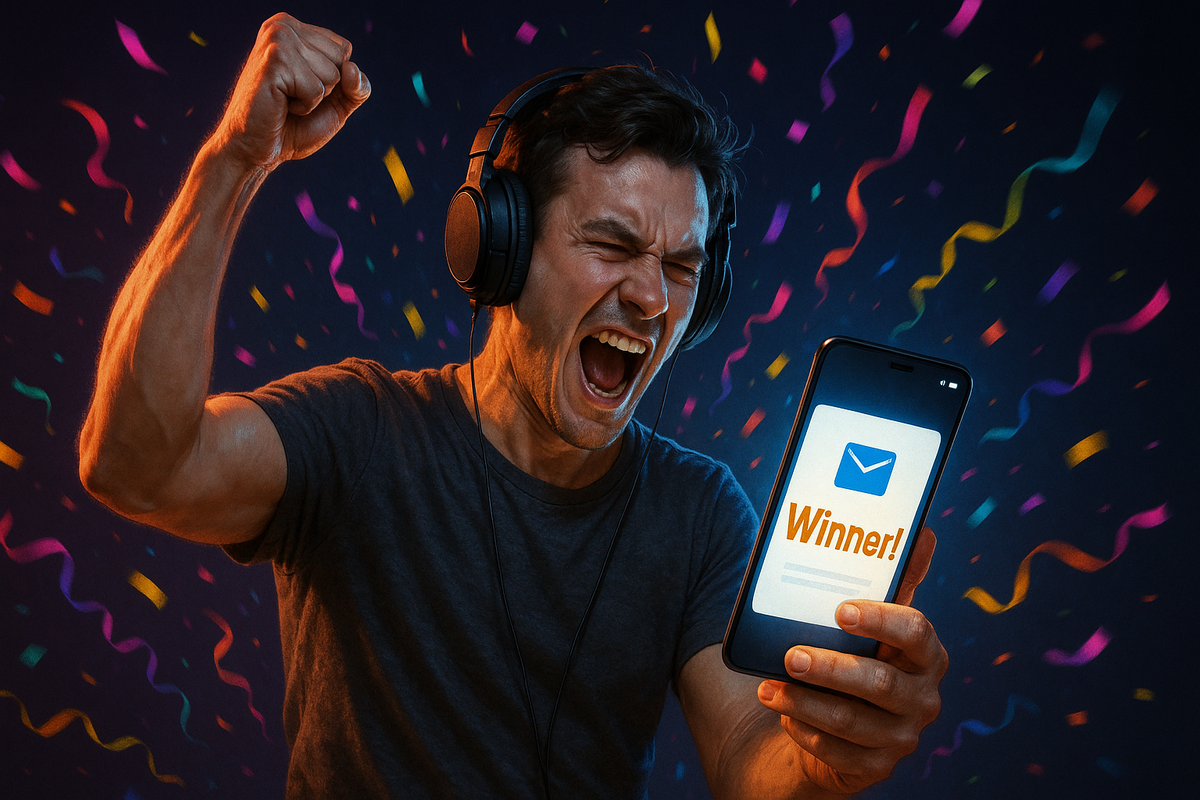 Overjoyed man celebrating a once-in-a-lifetime email notification with pure excitement, raising his fist in triumph as colorful confetti rains down — a thrilling moment of unexpected victory and joy.
