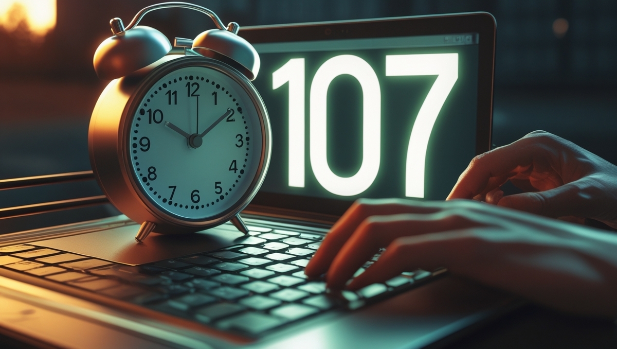 Anxious hands typing on a laptop at exactly 10:07 AM, next to a glowing alarm clock — capturing the tense moment of waiting for a once-in-a-lifetime winning email.
