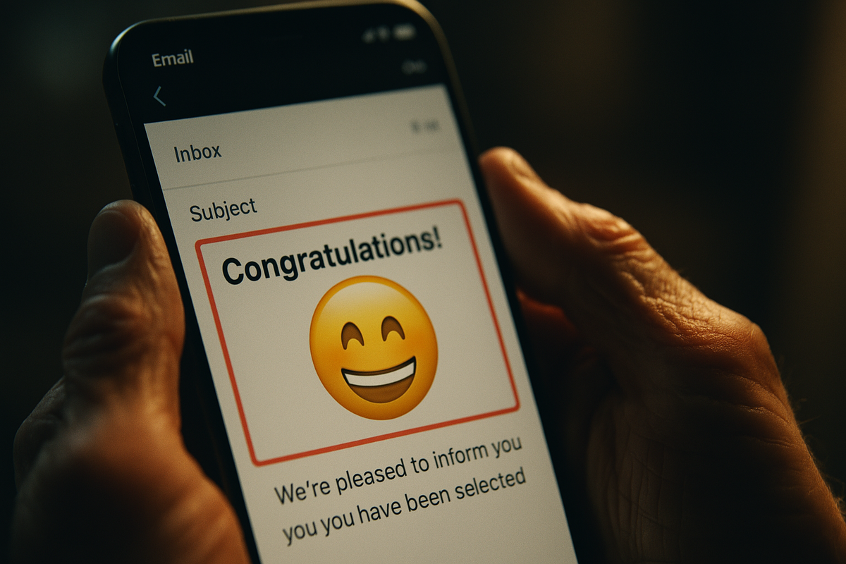 Emotional close-up of hands holding a smartphone displaying a joyful 'Congratulations!' email with a smiling emoji — capturing the unforgettable thrill of being selected against all odds.