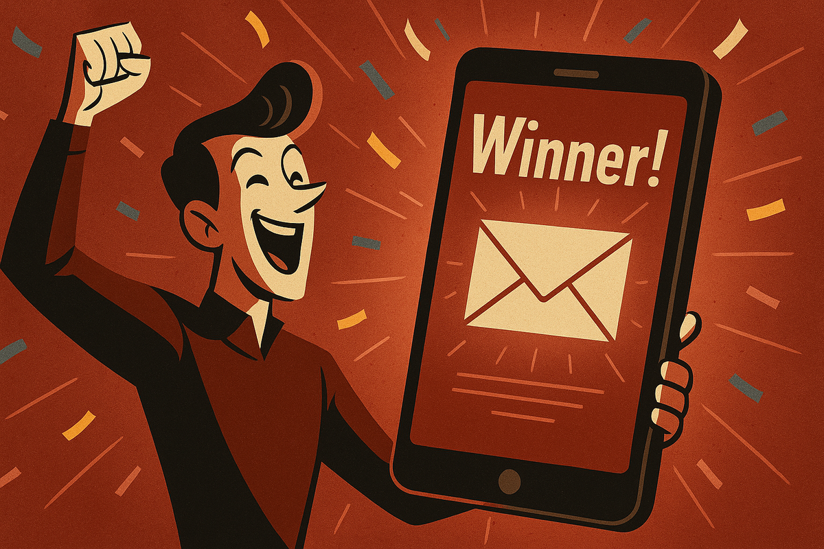 Exuberant cartoon hero pumping his fist in triumphant delight as a giant smartphone flashes a bold 'Winner!' message, confetti exploding around him — radiating pure, life-changing joy.