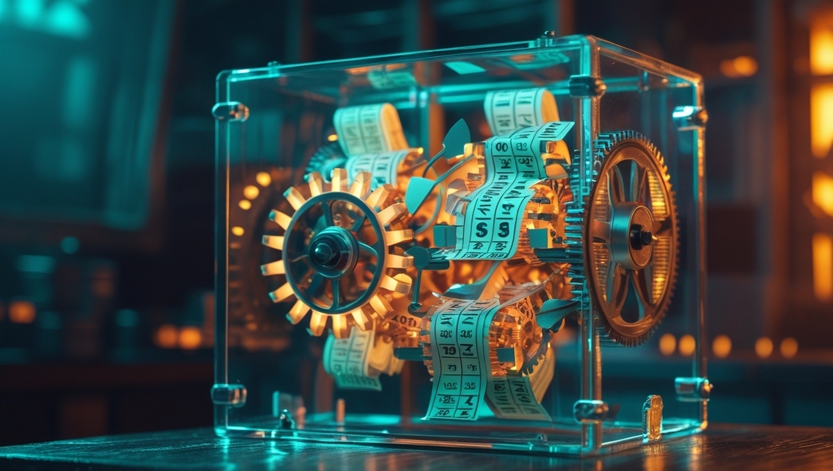Mesmerizing lottery machine with glowing gears and numbered tickets in motion, symbolizing the invisible mechanics behind high-stakes selections — evoking tension, hope, and pure anticipation.