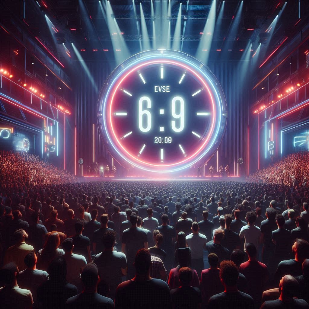 Electrifying anticipation as a sea of gamers stares at a blazing neon countdown clock, hearts pounding in epic suspense.