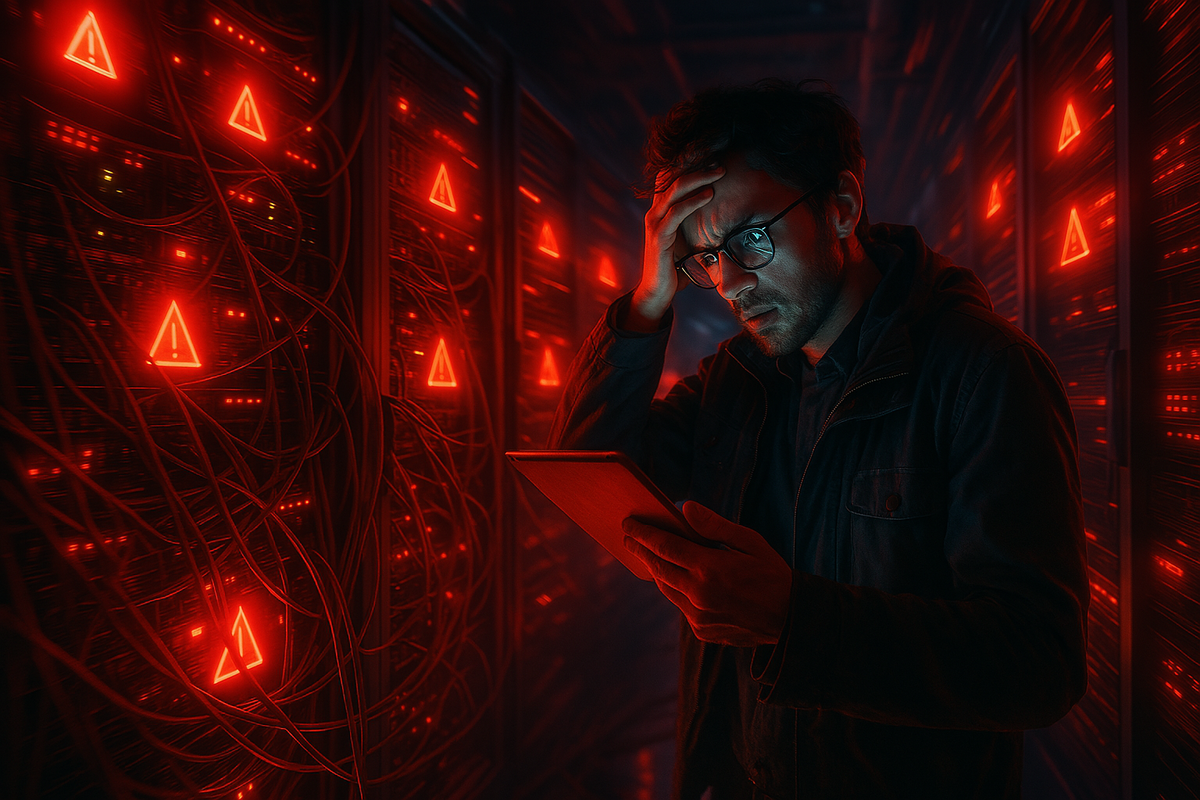 A stressed engineer surrounded by flashing red server warnings, caught in a moment of critical system failure and helpless urgency.