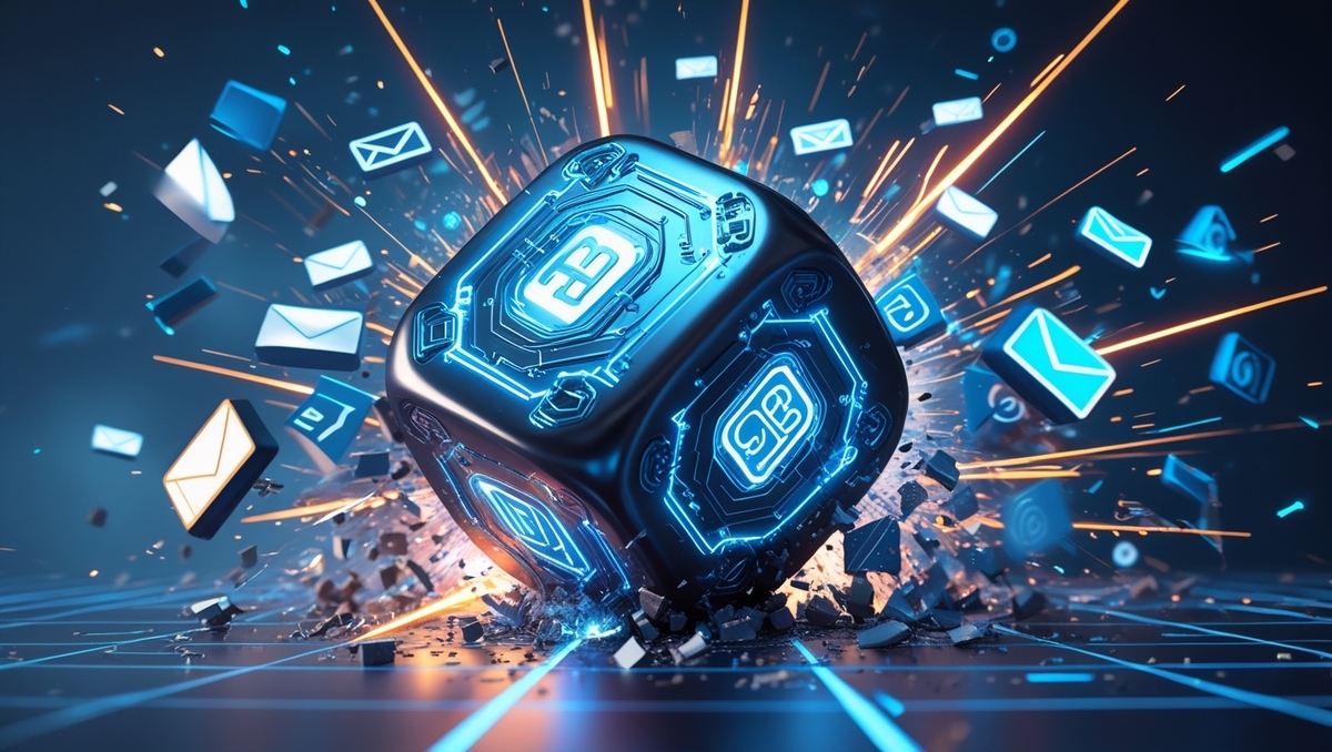 A glowing dice shatters the grid, launching explosive emails into the digital void — tension, fate, and heart-racing anticipation collide.
