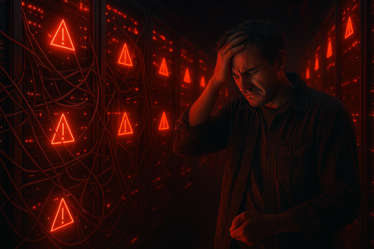 A devastated engineer clutches his head in front of flashing red alert signs — raw panic, system overload, and helpless frustration collide in a moment of digital chaos.
