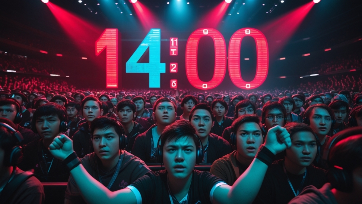 A packed arena of young gamers at 14:00, filled with anticipation and intense excitement, eyes wide and fists raised — the exact moment of truth, captured in electric tension."