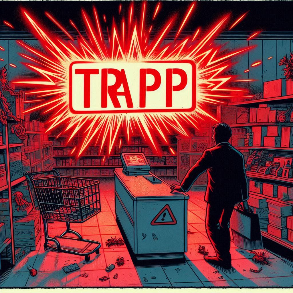 A stunned man freezes before a checkout explosion marked "TRAPP" — a visual scream of deception, urgency, and helpless realization.