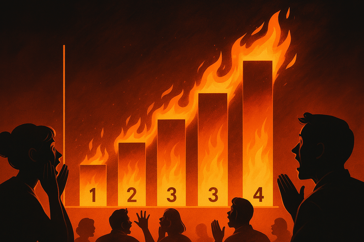 A fiery bar chart erupts in blazing flames, shocking a crowd of gasping onlookers—an emotional surge of chaos, urgency, and viral tension exploding in real-time.