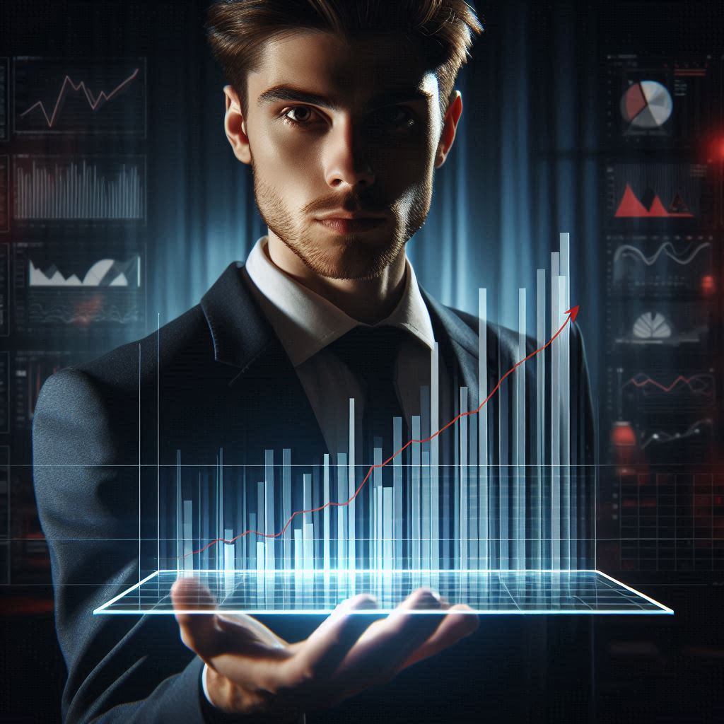 A focused strategist controlling rising data with intensity—red lasers slice through the tension as success surges upward.