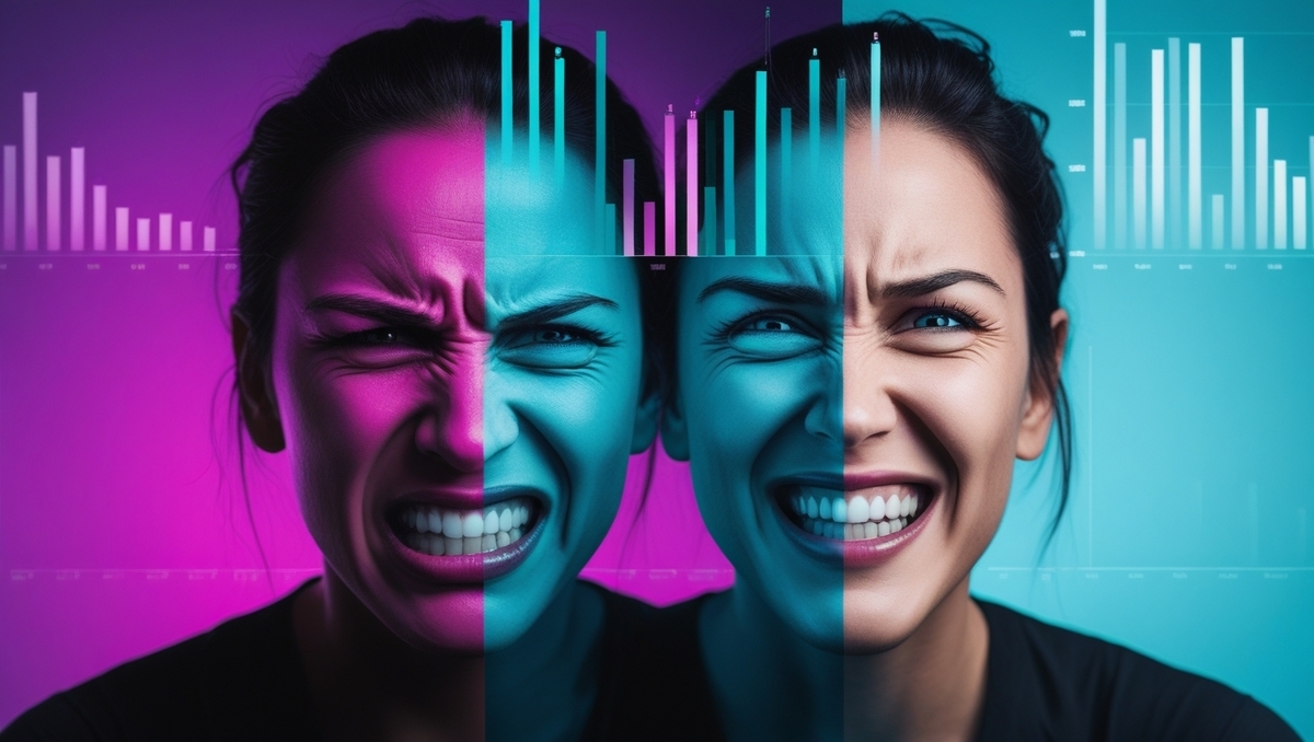 Emotional rollercoaster captured in one frame—a woman’s expressions shift from tension to triumph as data bars rise and fall behind her.
